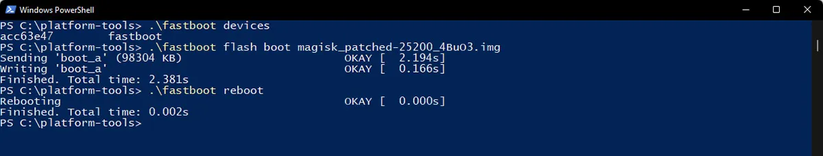 Reboot rooted Nothing Phone 1 into the OS