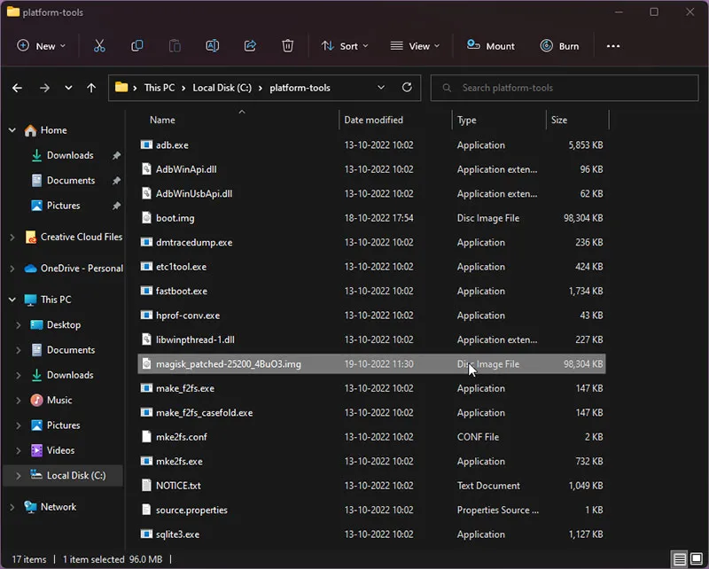 Patched boot image inside the platform-tools folder on the PC