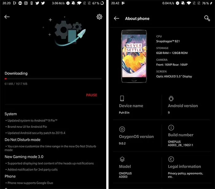 OnePlus 3/3T Android Pie OTA Update