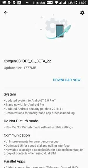 OnePlus 5 OxygenOS Open Beta 22 OTA Screenshot