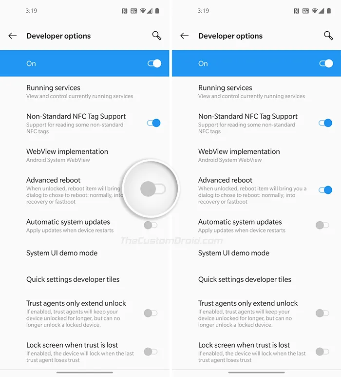 Turn ON 'Advanced Reboot' toggle in 'Developer options'