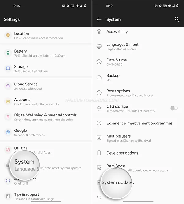 Go to 'Settings' > 'System' > 'System updates' on OnePlus 8