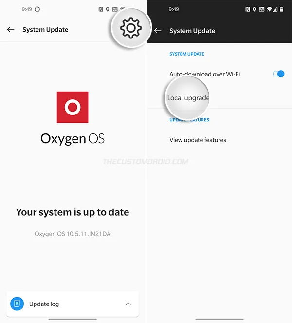 Press the cogwheel icon and select the 'Local upgrade' option