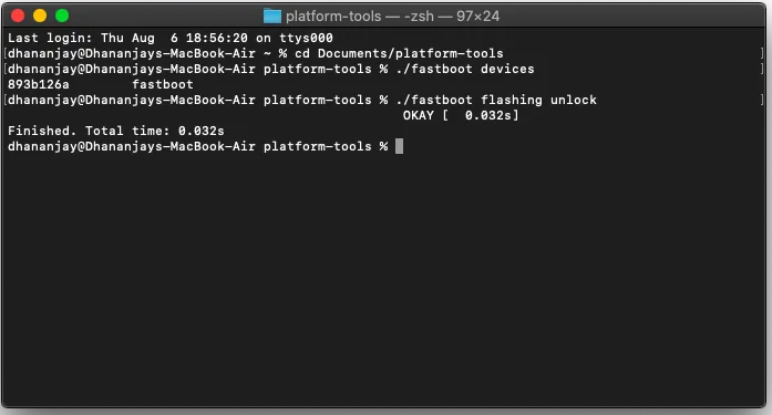 Enter fastboot command to unlock bootloader on OnePlus 8/8 Pro