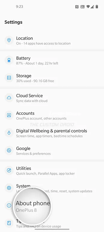 Open 'Settings' and go to 'About phone' on OnePlus 8/8 Pro
