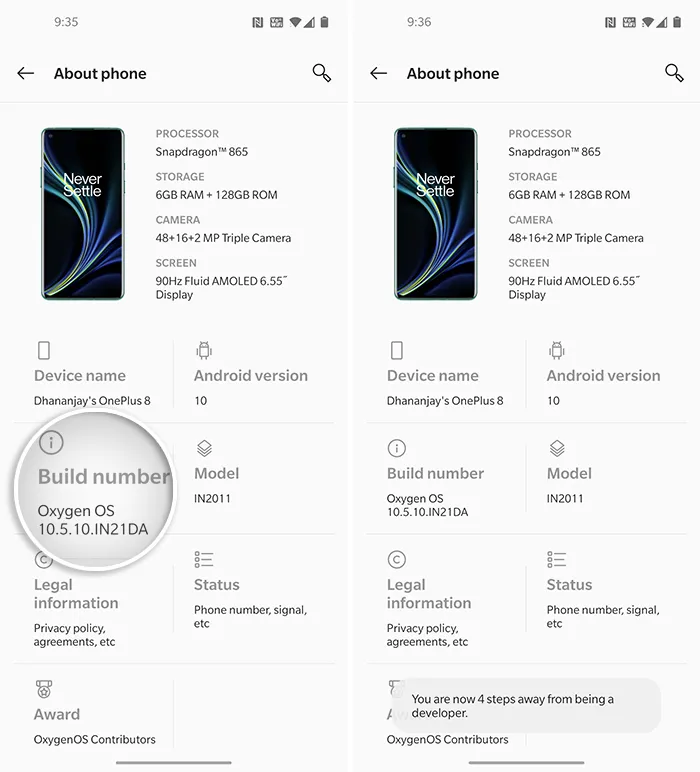 Repeatedly tap on 'Build number' to enable Developer Options on OnePlus 8 (Pro)
