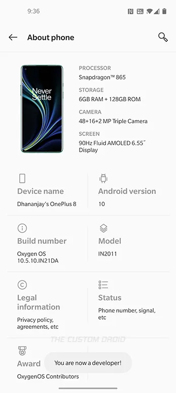 Developer Options successfully enabled on OnePlus 8 (Pro)