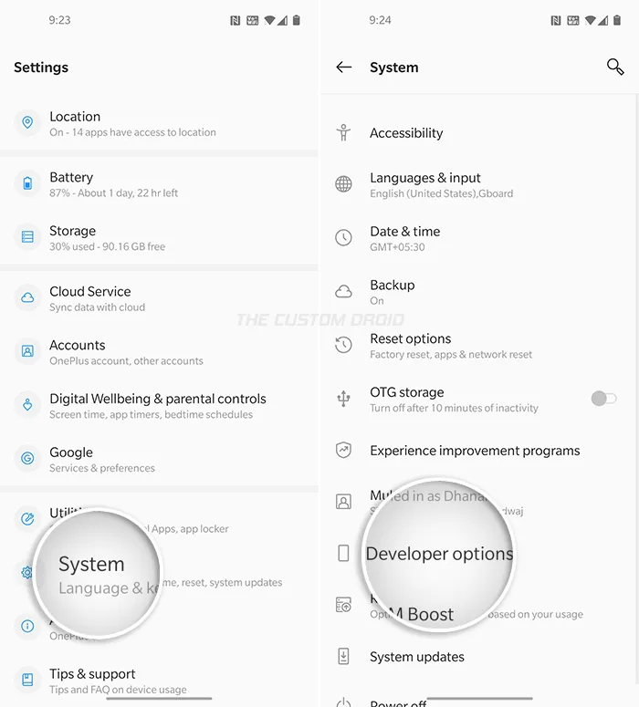 Go to 'Settings' > 'System' > 'Developer Options' on OnePlus 8/8 Pro