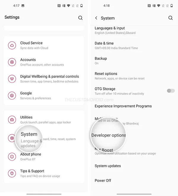 Open "Developer options" on OnePlus 8T