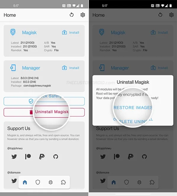 Restore stock boot image on OnePlus 8T through Magisk Manager