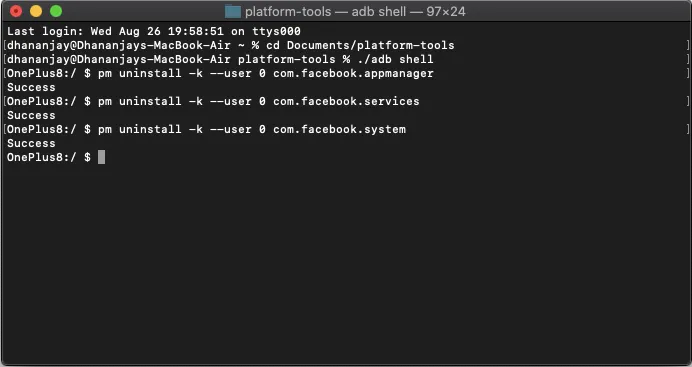 Enter ADB Shell Commands to Remove Facebook Bloatware from OnePlus 8, 8 Pro, and Nord
