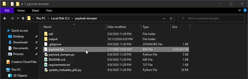 Copy the payload.bin file inside 'payload_dumper' folder