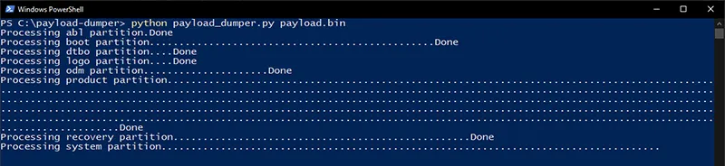 Payload Dumper extracting the device partition images from payload.bin