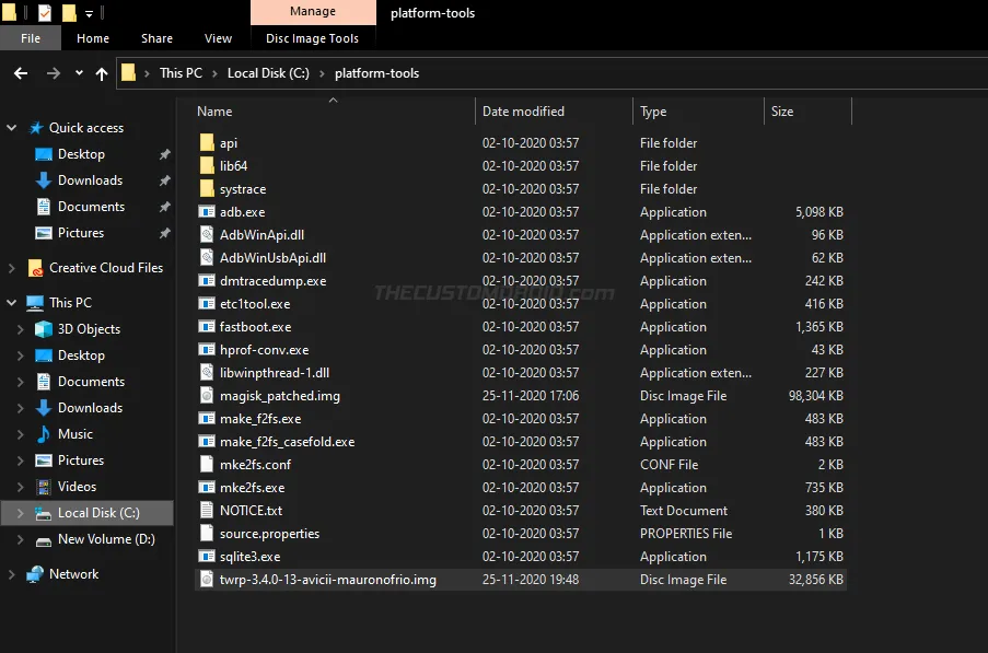 Move OnePlus Nord TWRP Recovery Image inside the 'platform-tools' folder