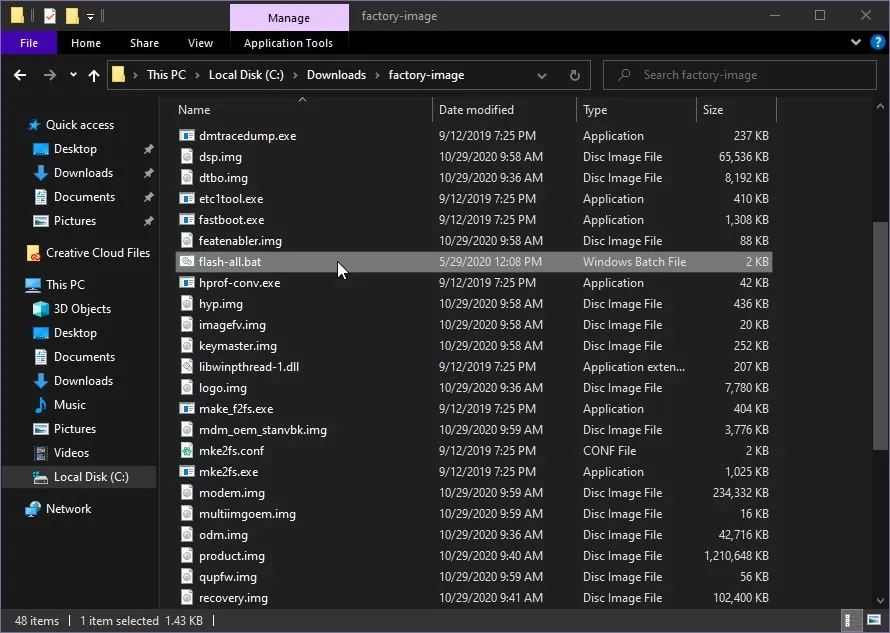 Open the flash script to flash the factory image on OnePlus Nord
