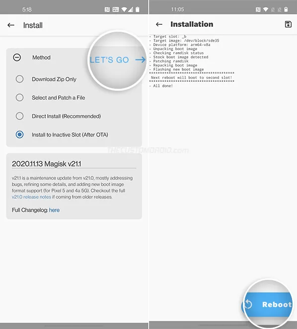 Reboot OnePlus Nord after Magisk is installed to inactive slot