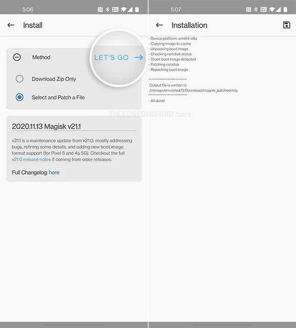 Boot image successfully patched with Magisk