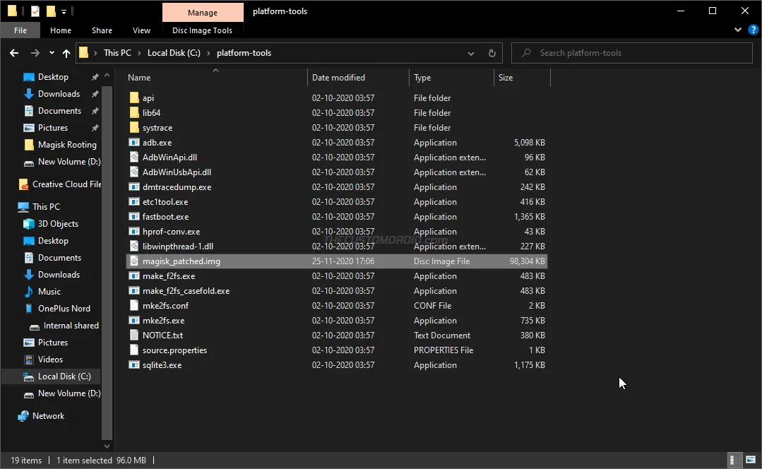 Move OnePlus Nord Patched Boot Image inside 'platform-tools' folder