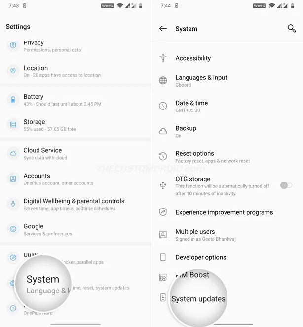 Go to 'Settings' > 'System' > 'System updates' on OnePlus Nord