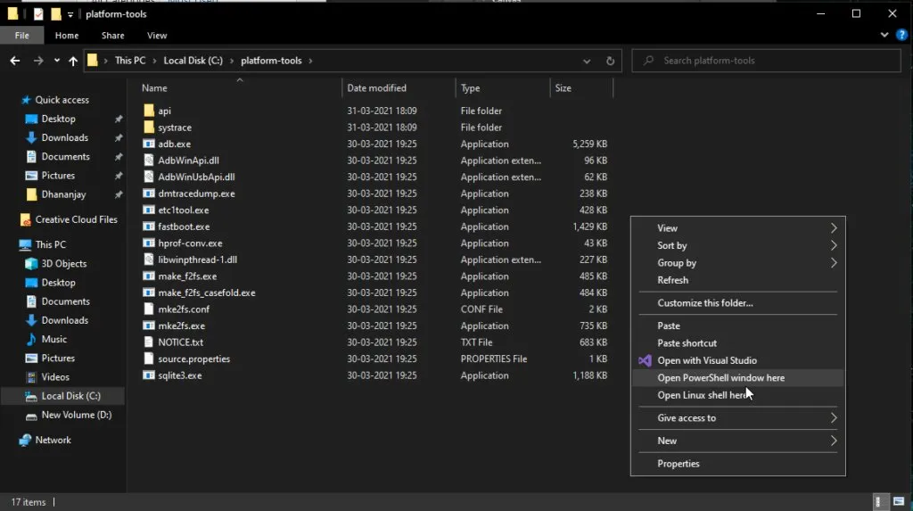 Open ADB/Fastboot Command Window inside Platform-Tools folder on Windows