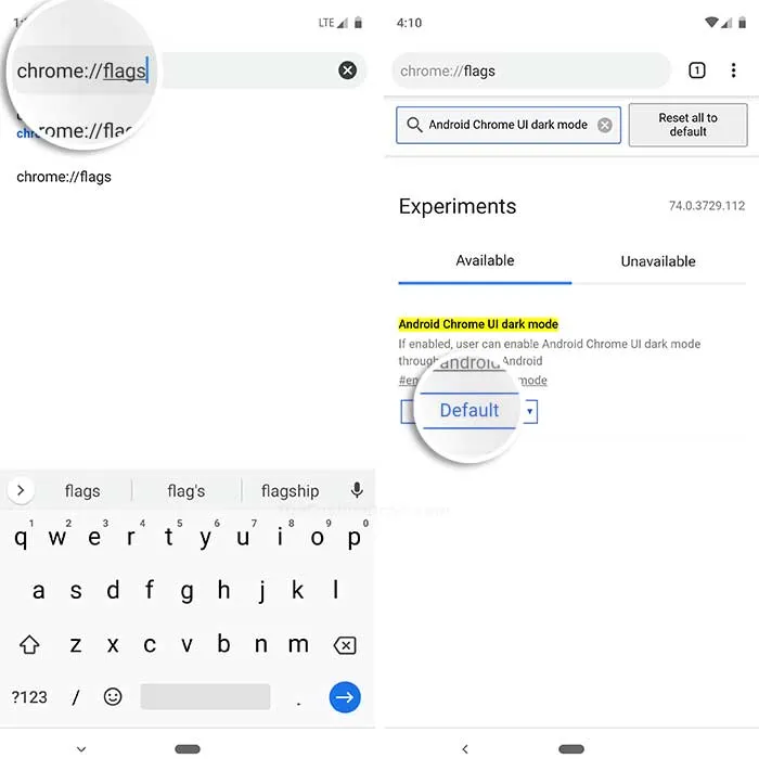 Open Chrome Flags and Find 'Android Chrome UI dark mode' Flag