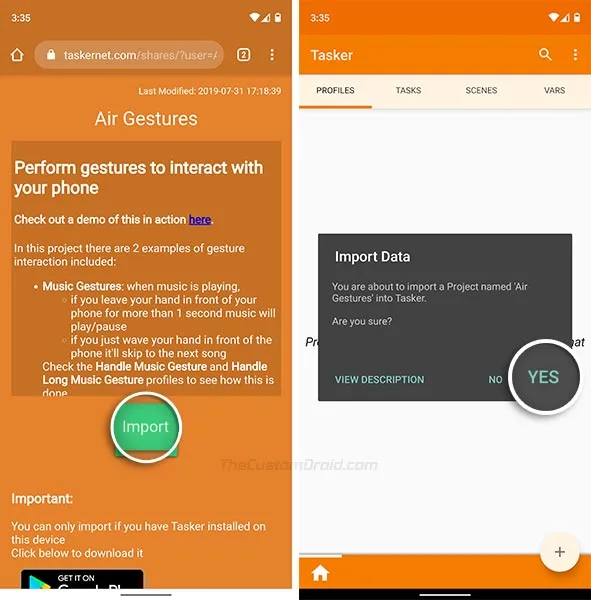 Open Project URL in phone's browser to import the 'Air Gestures' plugin