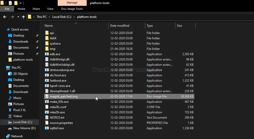 Copy the Patched Boot Image to the 'platform-tools' folder on your PC