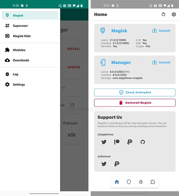 Redesigned Magisk Manager v8.0.0 Home Screen