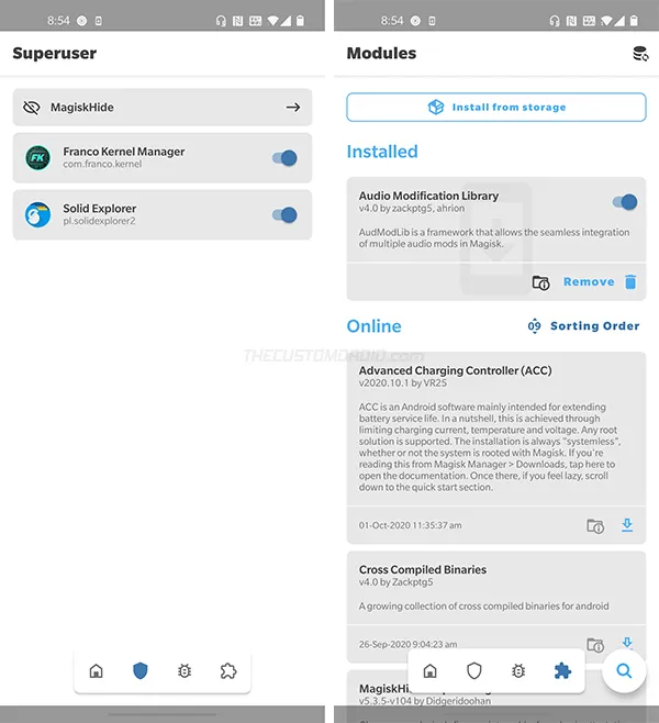 Magisk Manager v8.0.0 - Magisk Hide & Modules section 