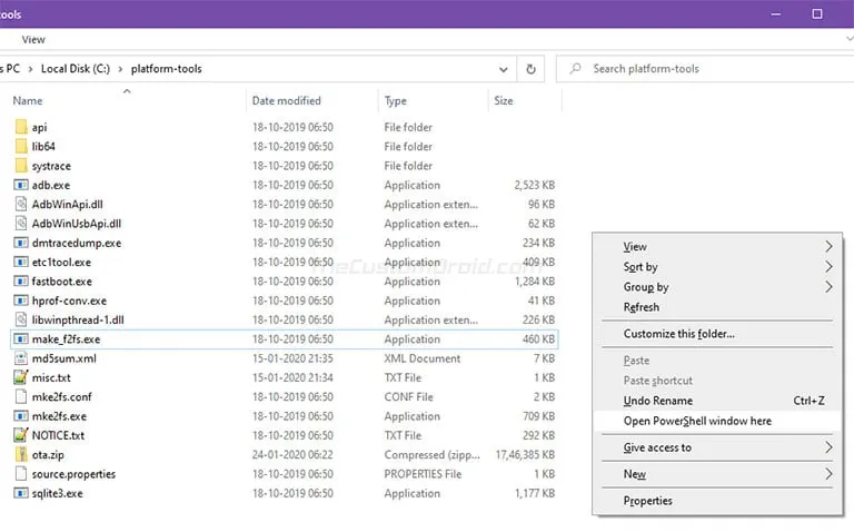 Launch PowerShell in the Folder where ADB is installed