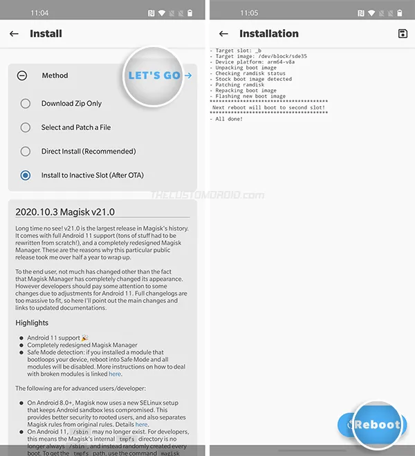 Reboot OnePlus 8/8 Pro after Magisk is installed to the inactive slot