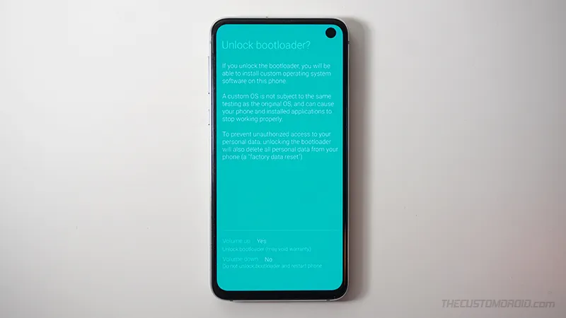 Press Volume Up to confirm and unlock bootloader on Samsung Galaxy device