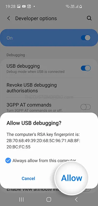 Allow USB Debugging connection on Samsung Galaxy S20