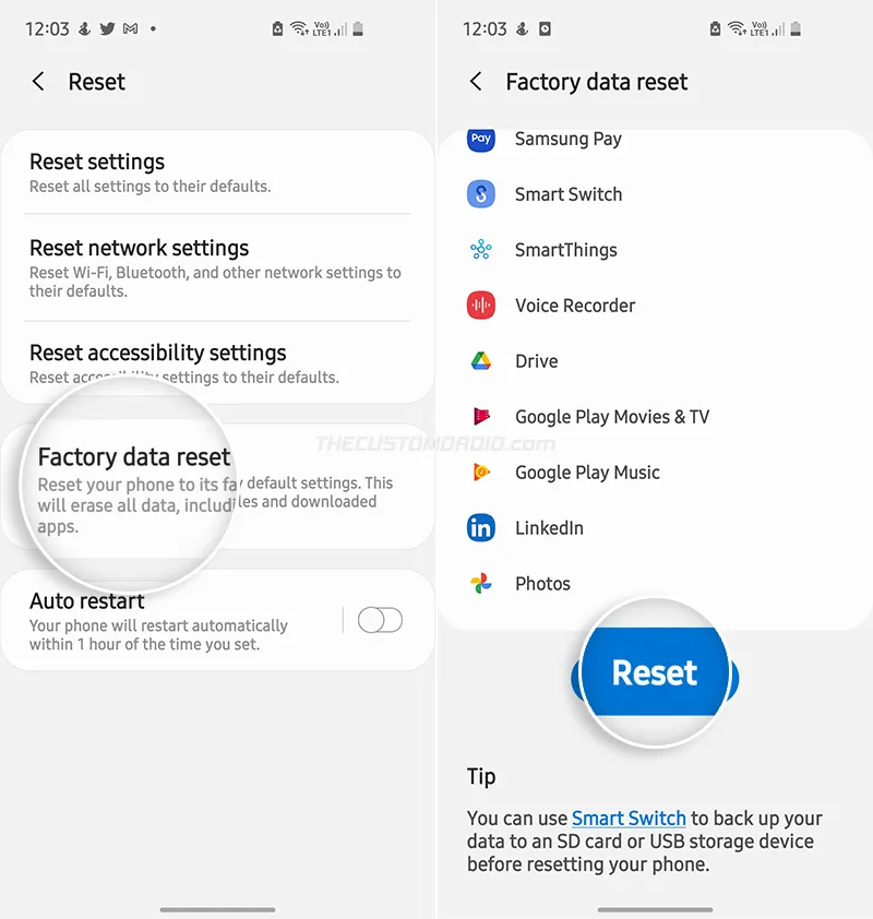 Select "Factory data reset" from the list