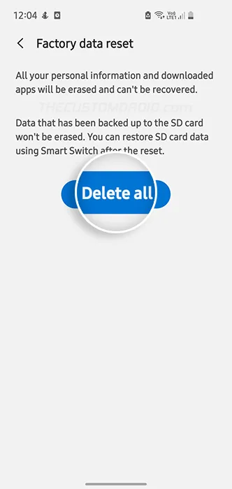 Press "Delete all" to confirm an factory reset Galaxy S20