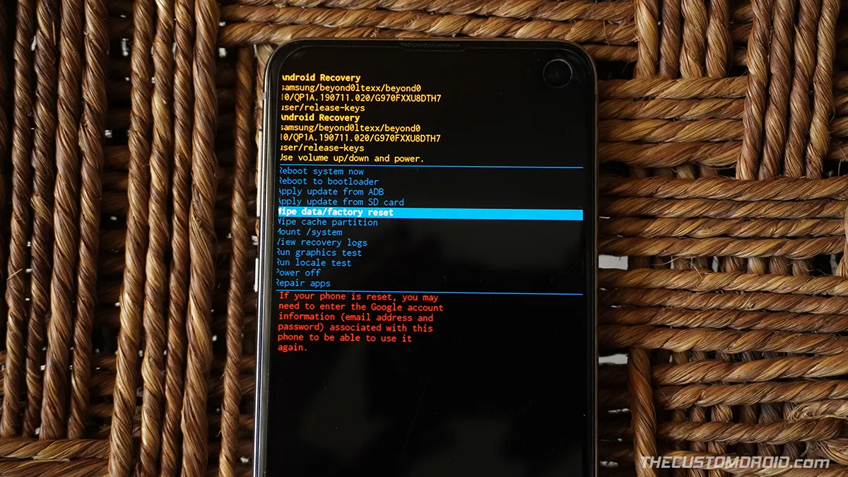 Galaxy S20 Stock Recovery - Select "Wipe data/factory reset" option