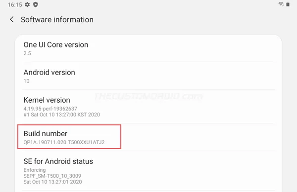 Software Build Number on Samsung Galaxy Tab A7