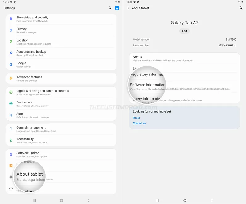 Go to 'Settings' > 'About tablet' > 'Software information' on Galaxy Tab A7