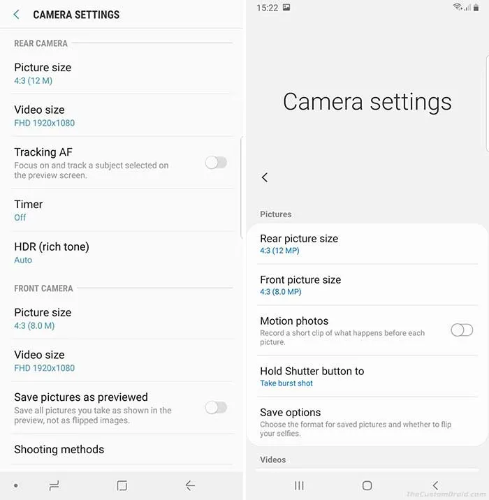 Samsung One UI vs Samsung Experience - Camera Settings Menu