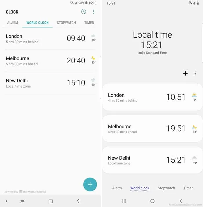 Samsung One UI vs Samsung Experience - Clock App