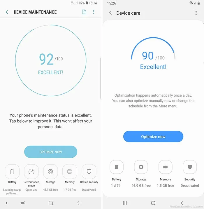 Device Care in Samsung One UI vs Device Maintenance Samsung Experience