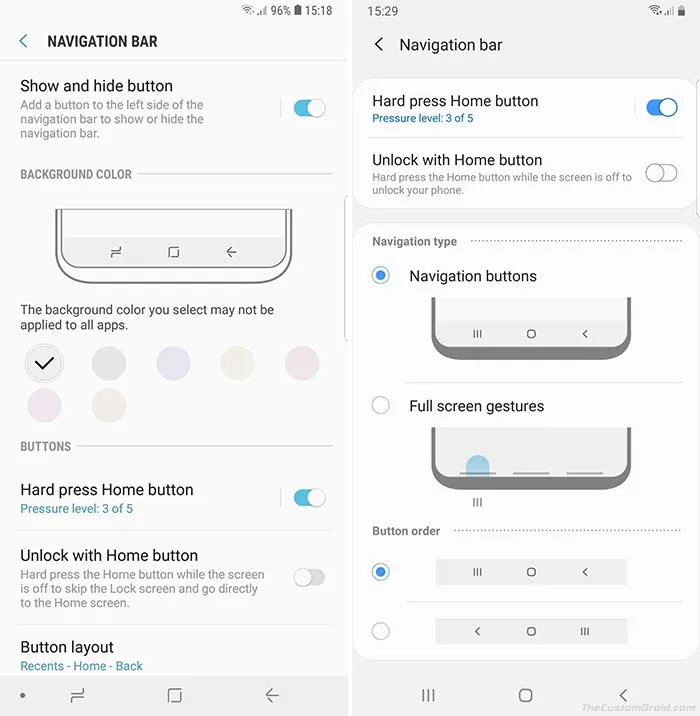 Samsung One UI vs Samsung Experience - Navigation Bar Settings
