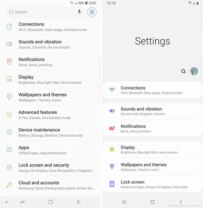 Samsung One UI vs Samsung Experience - Redesigned Device Settings Menu