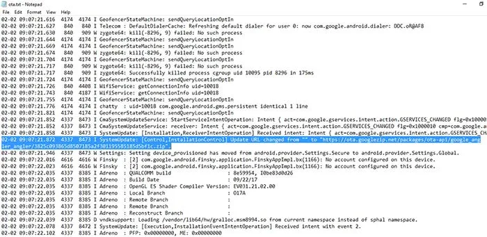 Search logcat file to Capture OTA Update URL