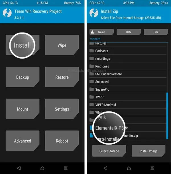 Select Kernel zip in TWRP Recovery on Google Pixel 3a (XL)
