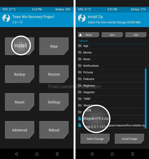 Select Magisk Installer Package (Magisk-v19.4.zip) in TWRP - Xiaomi Mi A3