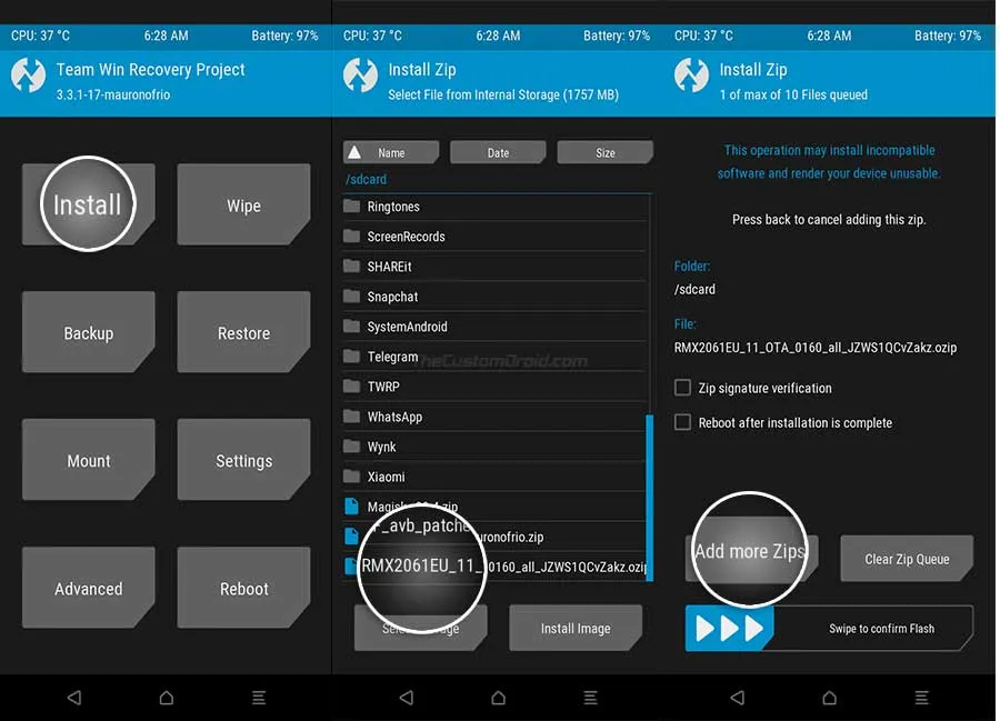 Select Realme UI OTA Package in TWRP on Realme 6 Pro