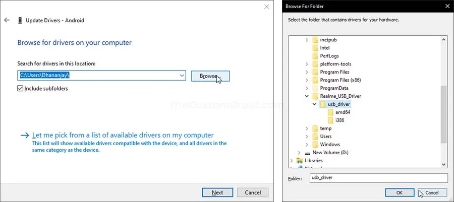 Select Realme USB Drivers Location in Update Driver Wizard