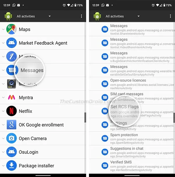 Select "Set RCS Flags" Activity in Activity Launcher