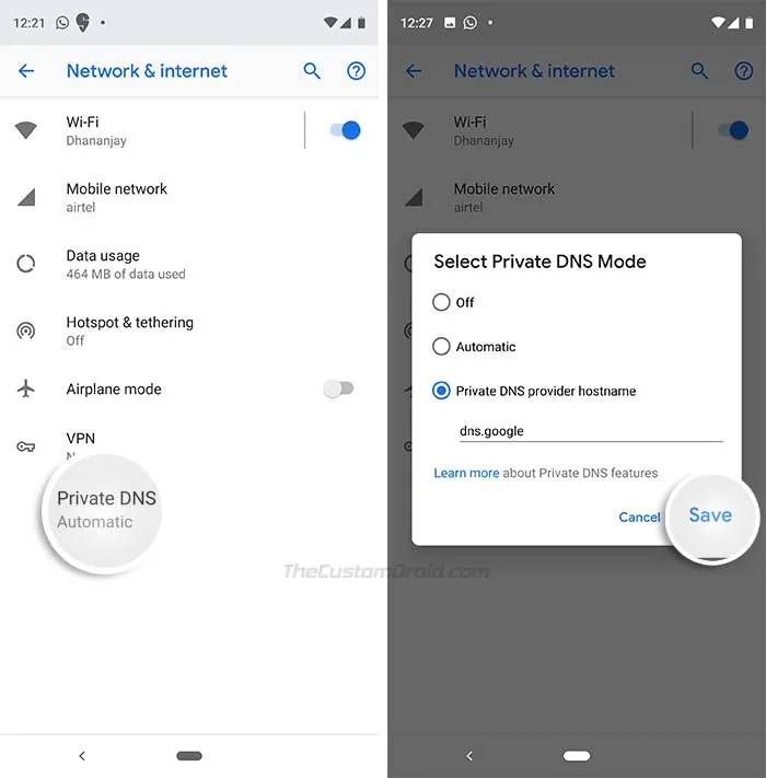Set up Google Public DNS over TLS on Android Pie Devices - Enter Private DNS Provider